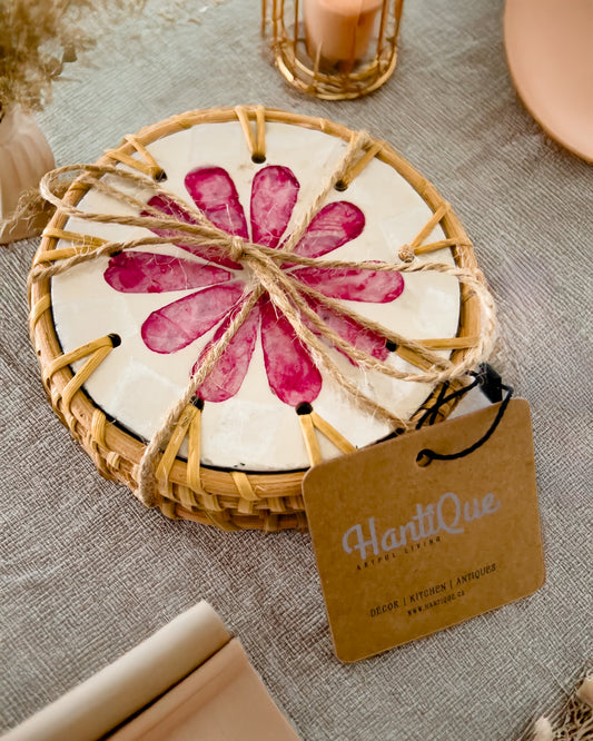 Mother of Pearl & Rattan Coaster Set – Assorted Designs (4-Piece)