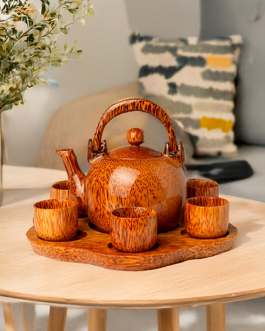 Artisan Coconut Wood Tea Set with Tray – Handcrafted 7-Piece Set