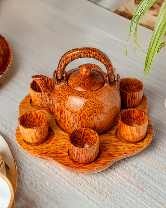 Artisan Coconut Wood Tea Set with Tray – Handcrafted 7-Piece Set