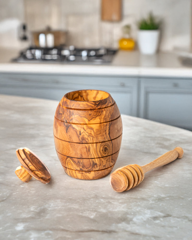 Olive Wood Honey Jar with Dipper - Hand-Carved Honey Pot