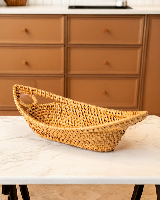 Handwoven Boat Shape Rattan Basket with Loop Handles