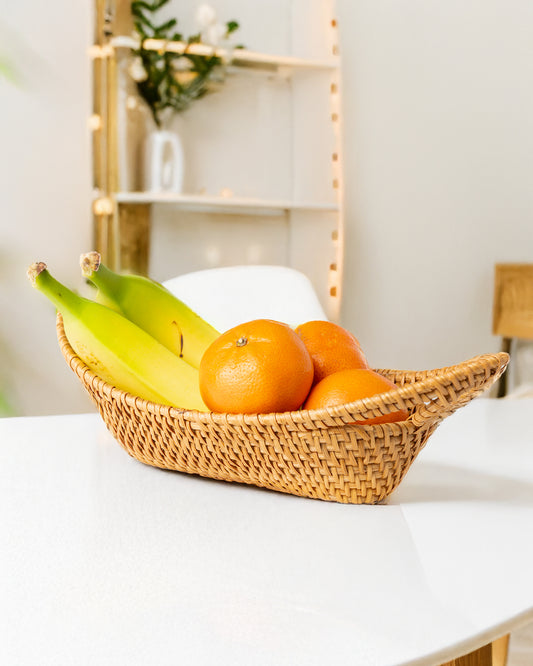 Handwoven Boat Shape Rattan Basket with Loop Handles